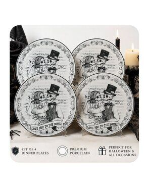 Eaton Fine Dining 4 WEDDING SKELETON Dinner PLATES Marriage Skull Porcelain